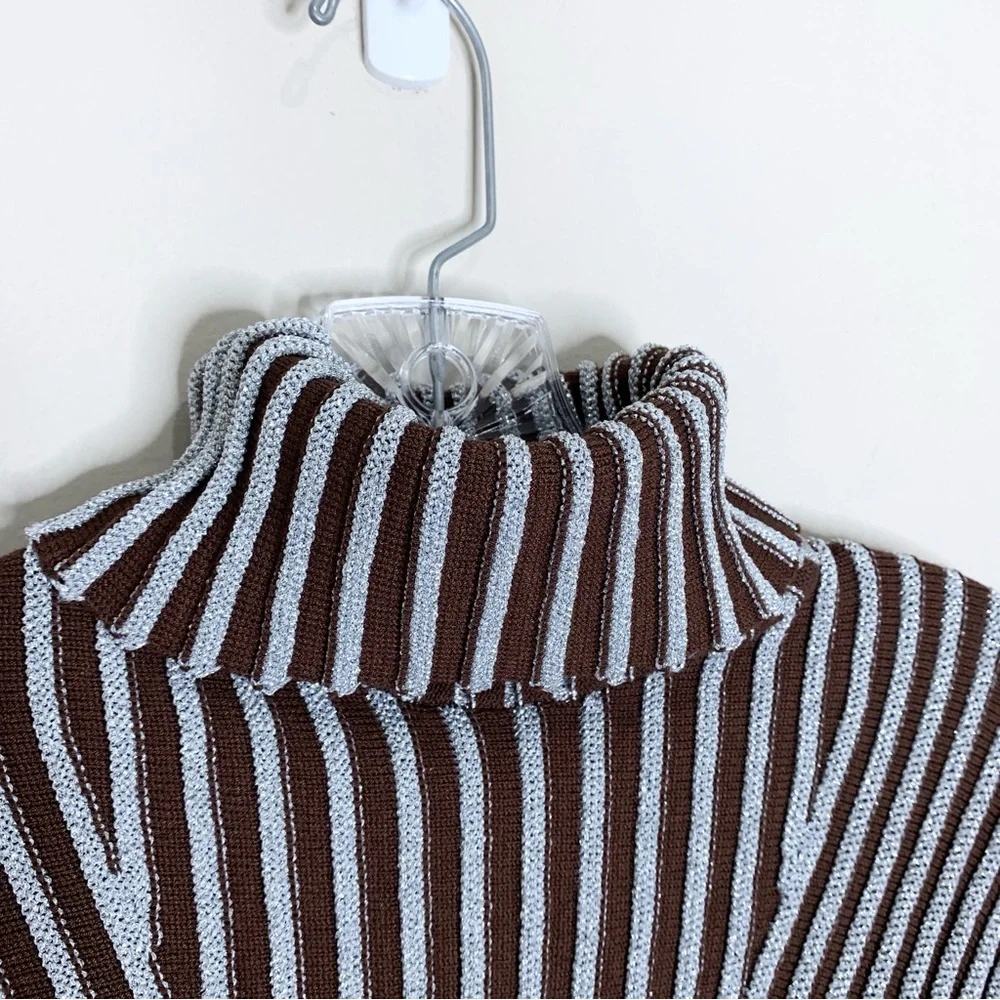 Hanifa Cici Knit Mini Dress (Sz S) Ribbed Long Sleeve Turtleneck Brown Silver - Picture 7 of 16